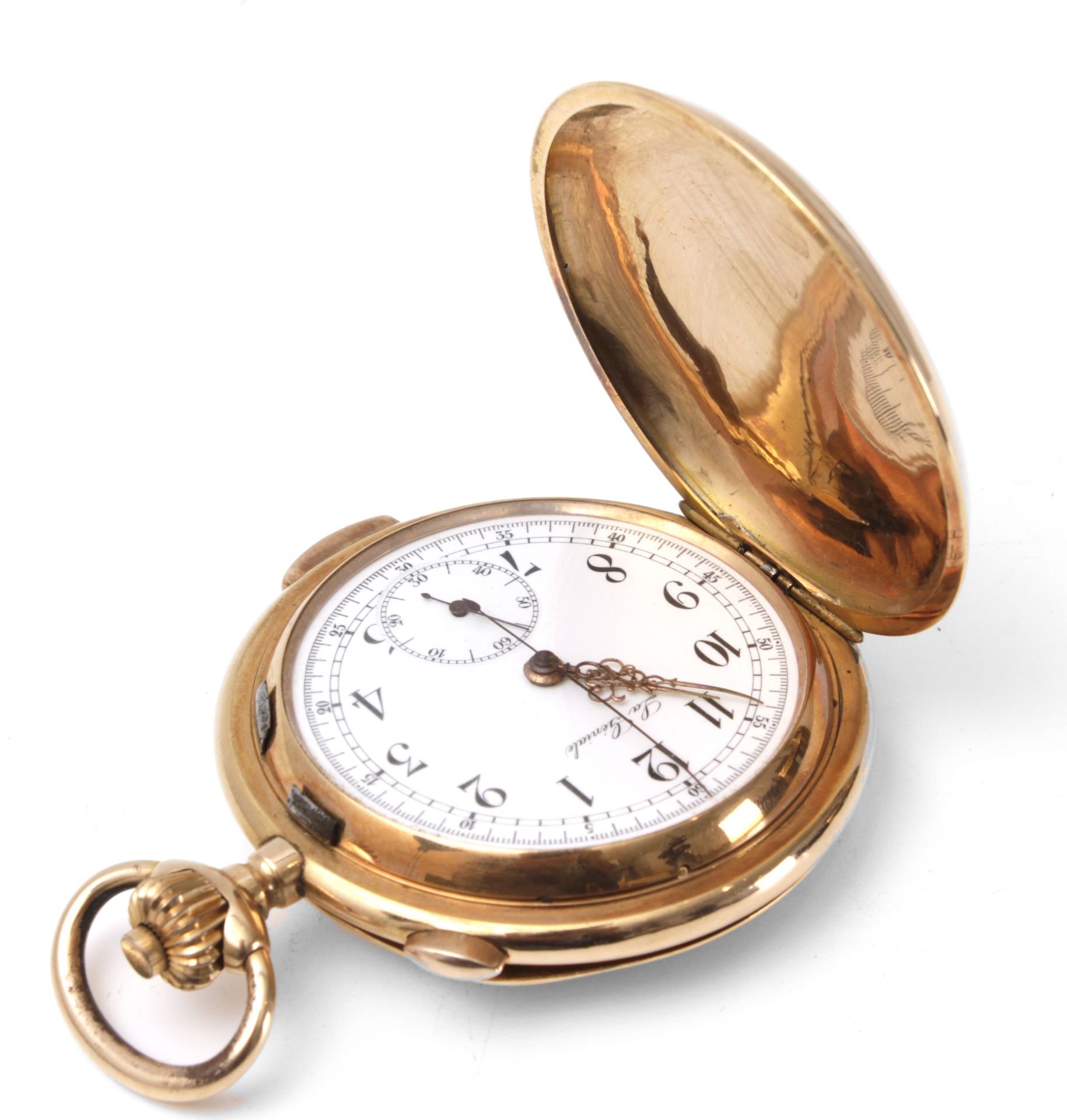 La Géniale. An 18k. yellow gold double hunter pocket watch circa 1900 with chronometer and chimes - Bild 5 aus 6