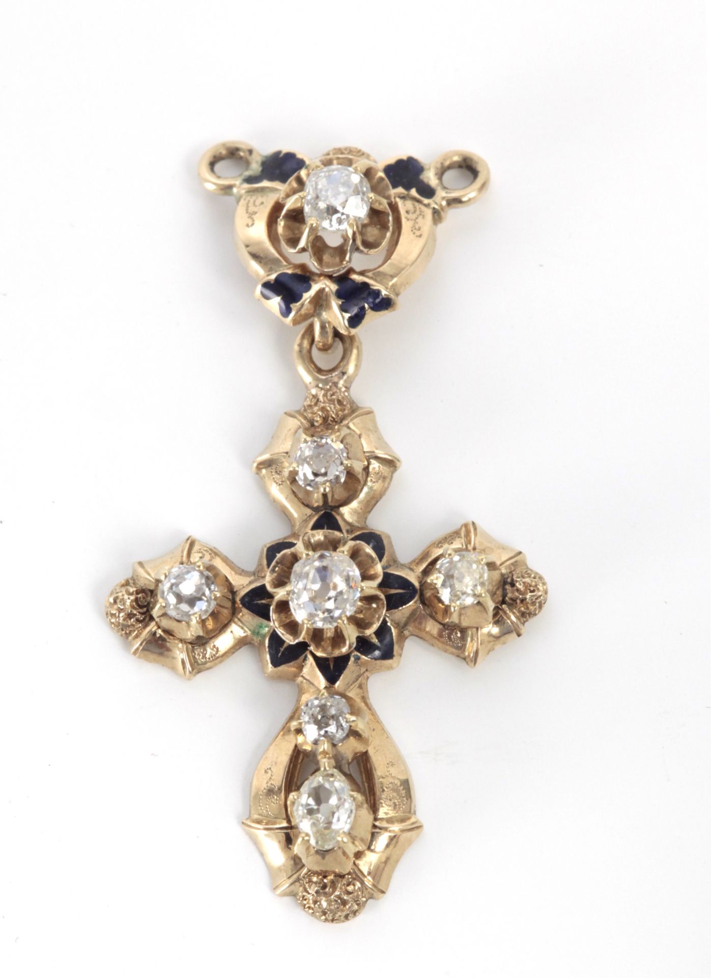 A late 19th century Alphonsine pendant cross in yellow gold, enamel and diamonds