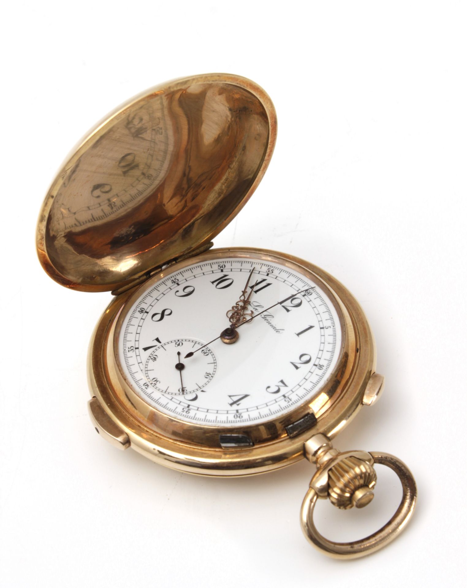 La Géniale. An 18k. yellow gold double hunter pocket watch circa 1900 with chronometer and chimes