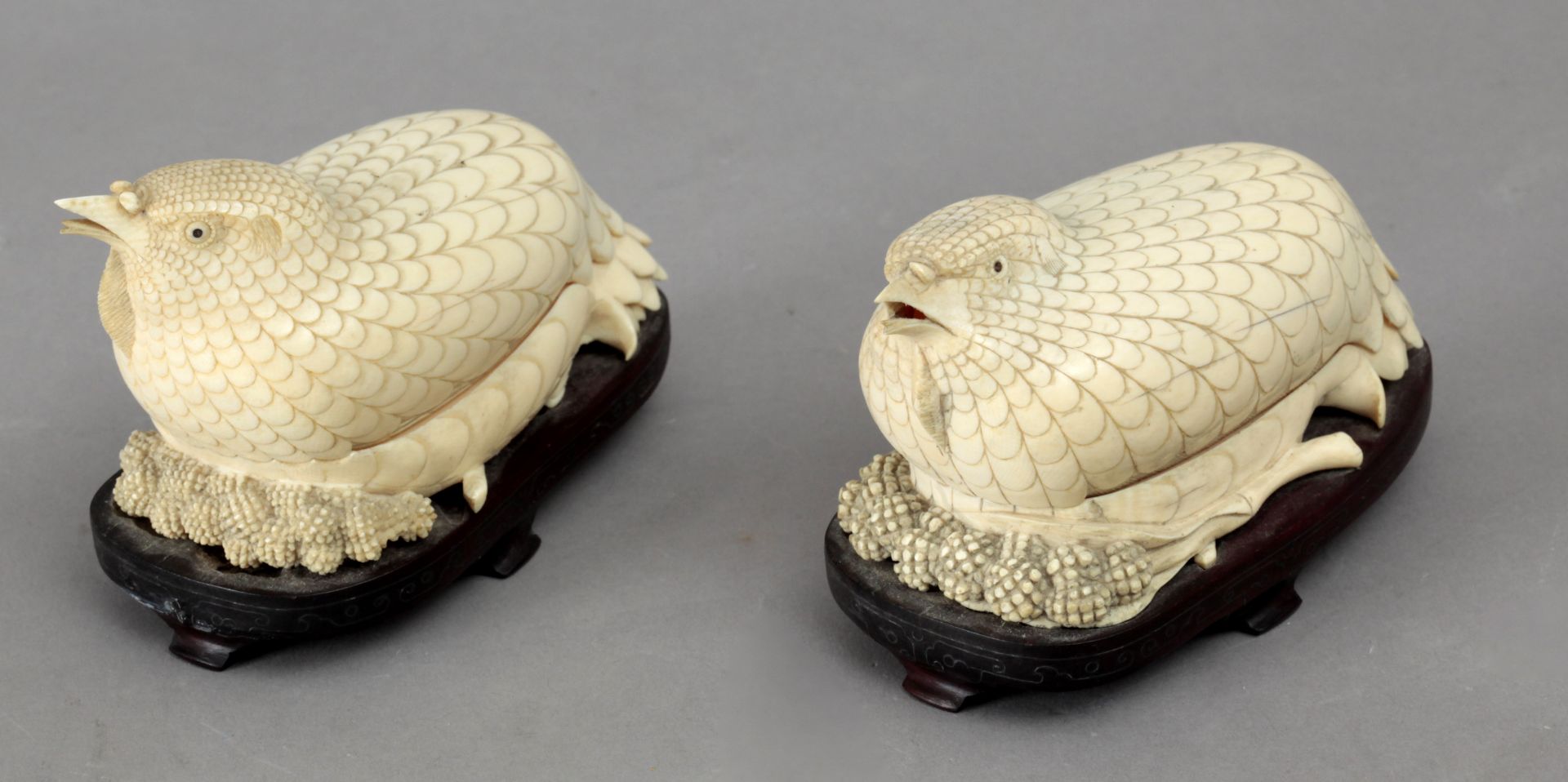 19th century Chinese school. A pair of carved ivory quail boxes and covers