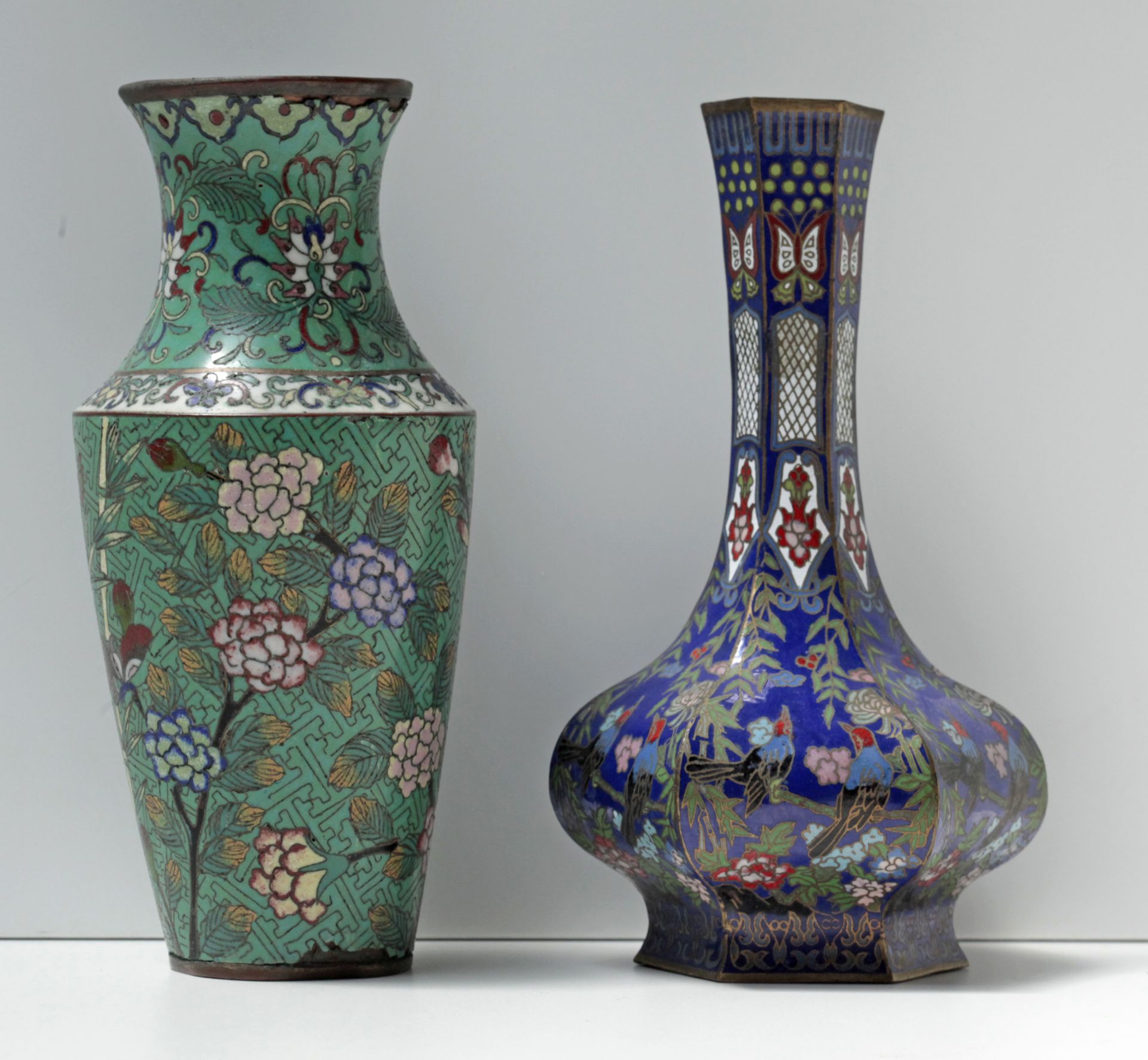 A pair of 19th century Chinese vases in copper and cloisonné enamel