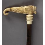 A 19th century possibly Indian walking cane in carved bamboo and ivory