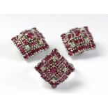A ruby and brilliant cut diamonds set of ring and earrings circa 1960-1970 with a platinum setting