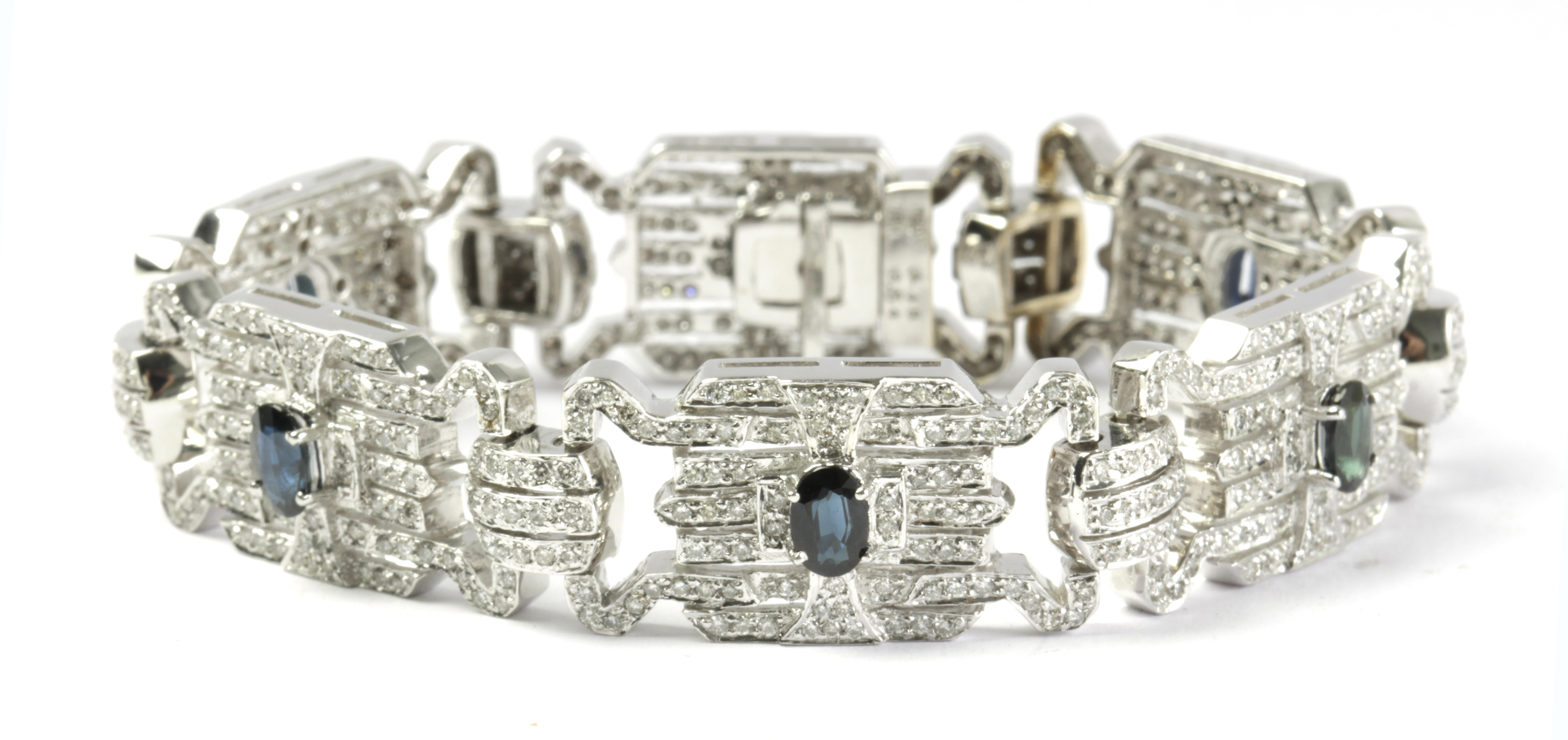 An Art-Déco style bracelet with a geometric pattern in 18k. white gold, sapphires and diamonds - Image 2 of 2