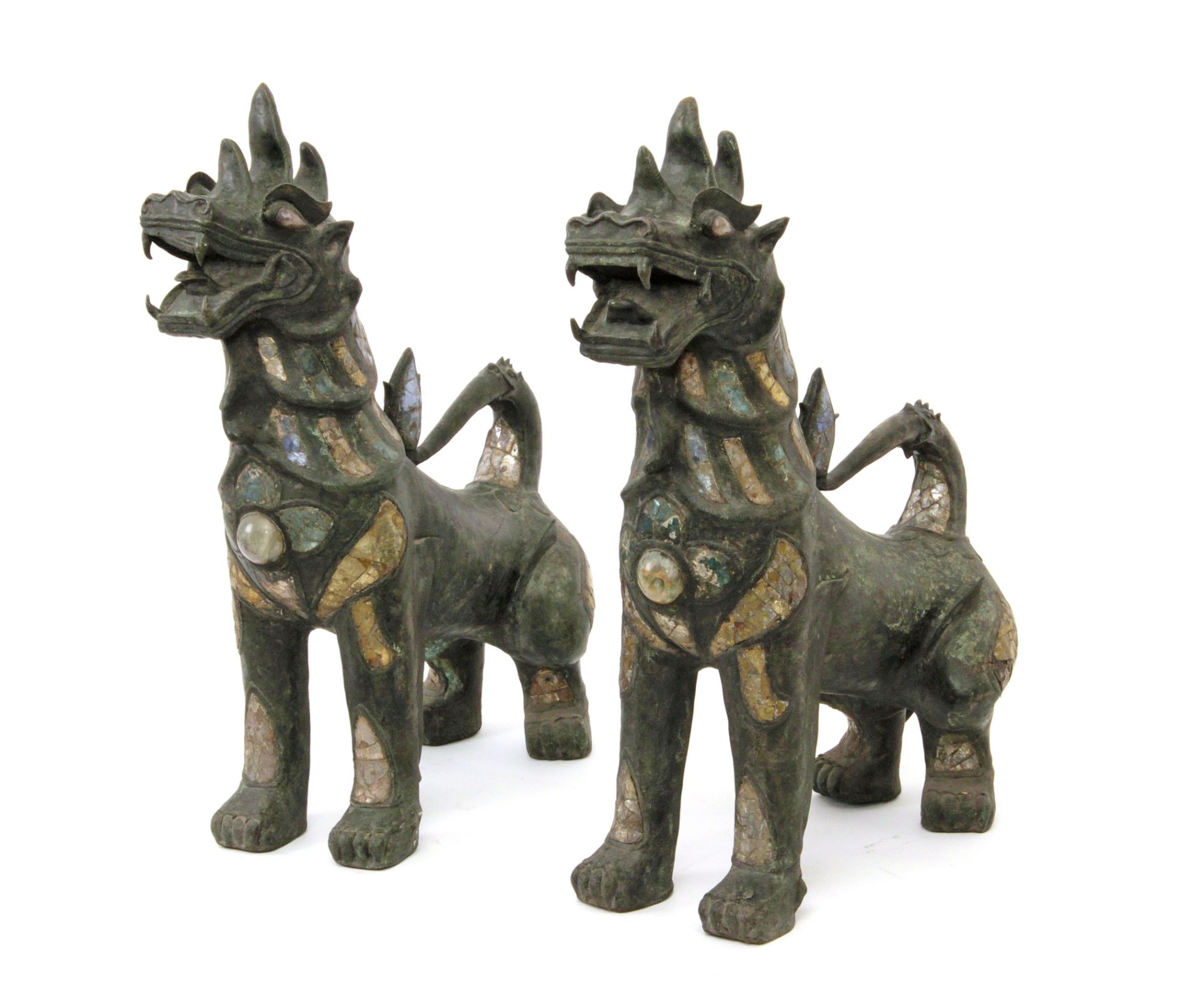 A pair of 20th century Cambodian Fu guardian lion sculptures in bronze