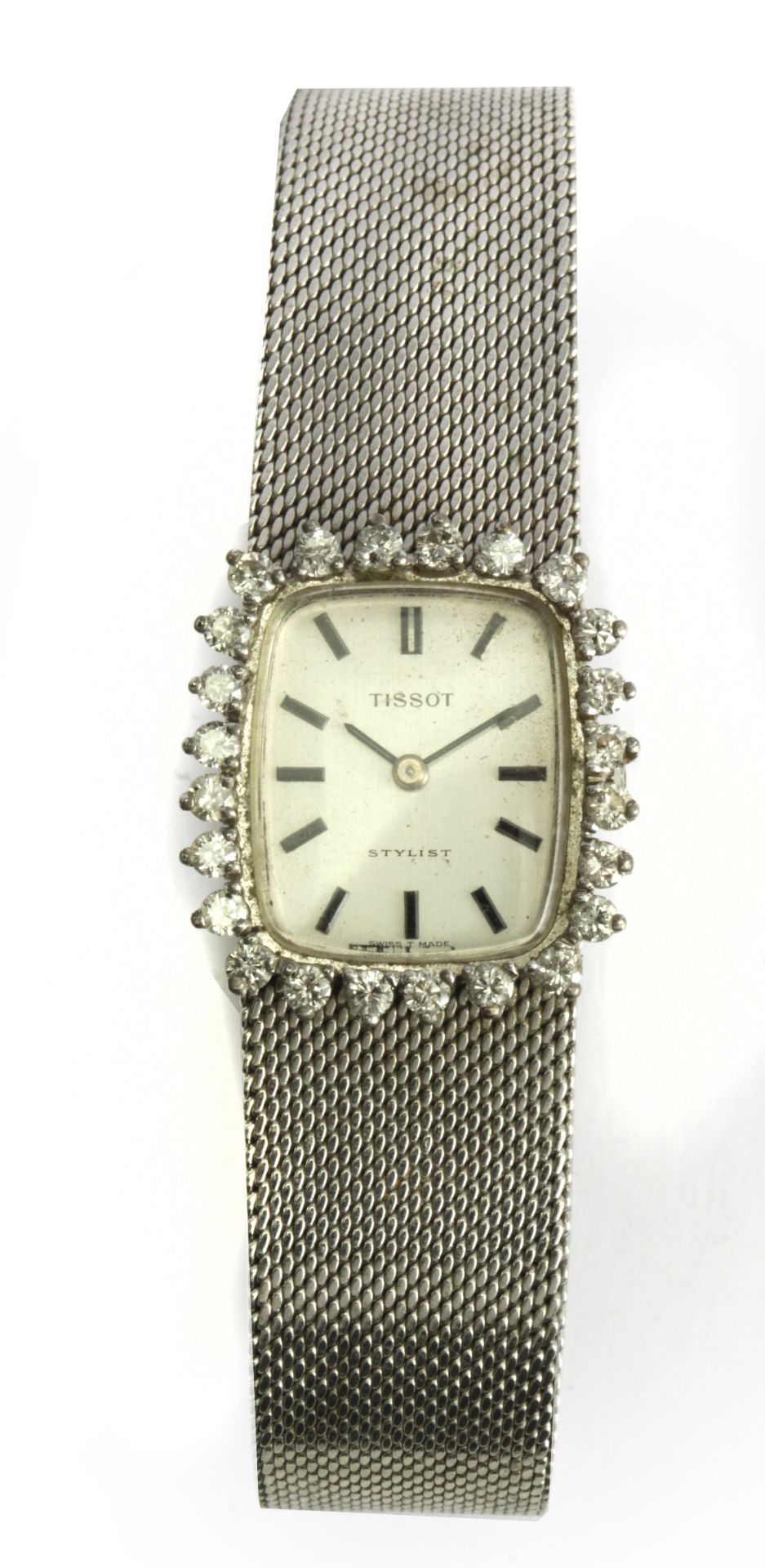 Tissot Stylist. A brilliant cut diamond and 18k. white gold ladies watch