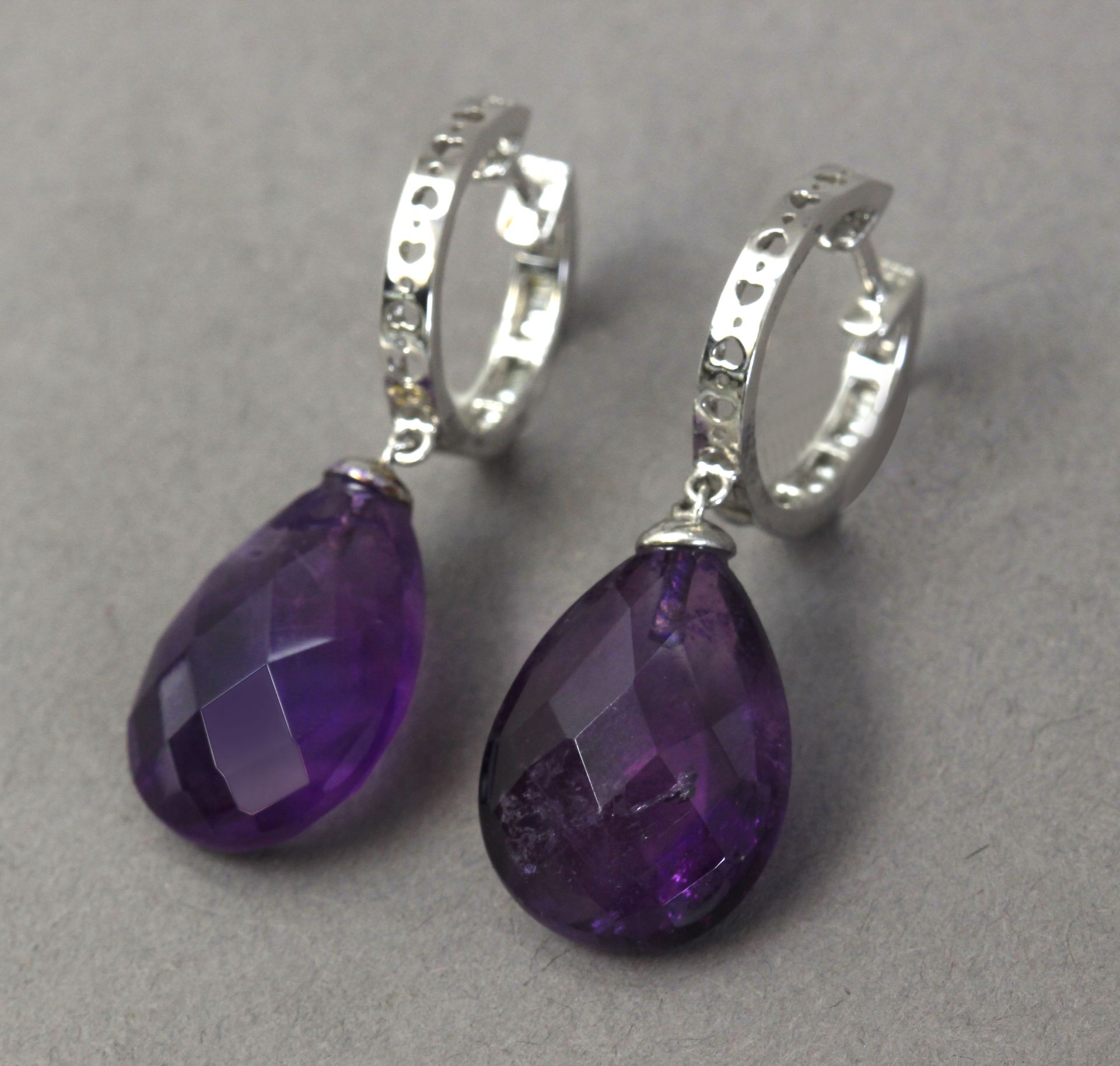 A pair of diamond hoop earrings with amethyst pendants - Image 2 of 4