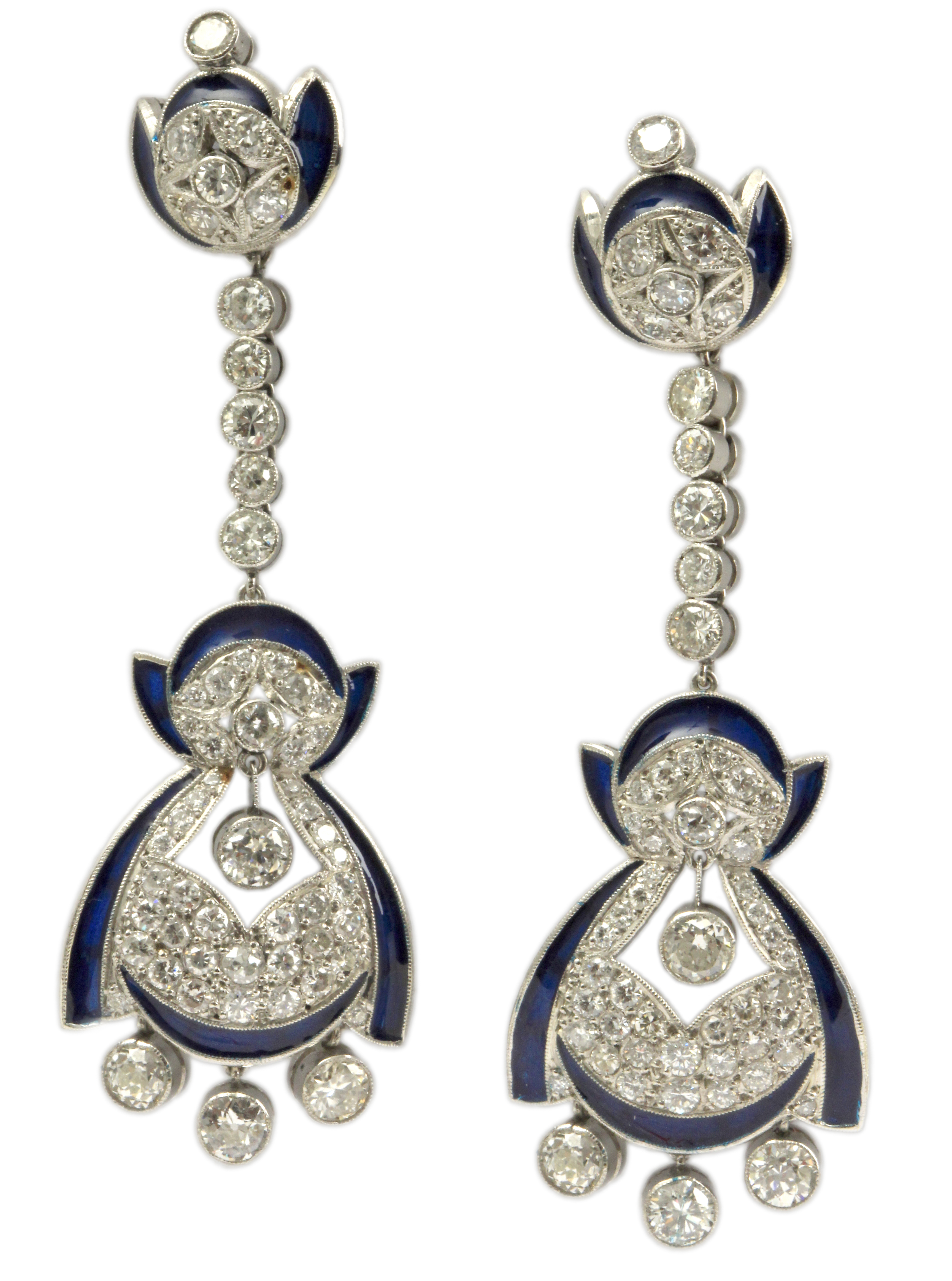 A pair of Art-Déco style diamond and enamel long earrings