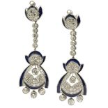 A pair of Art-Déco style diamond and enamel long earrings