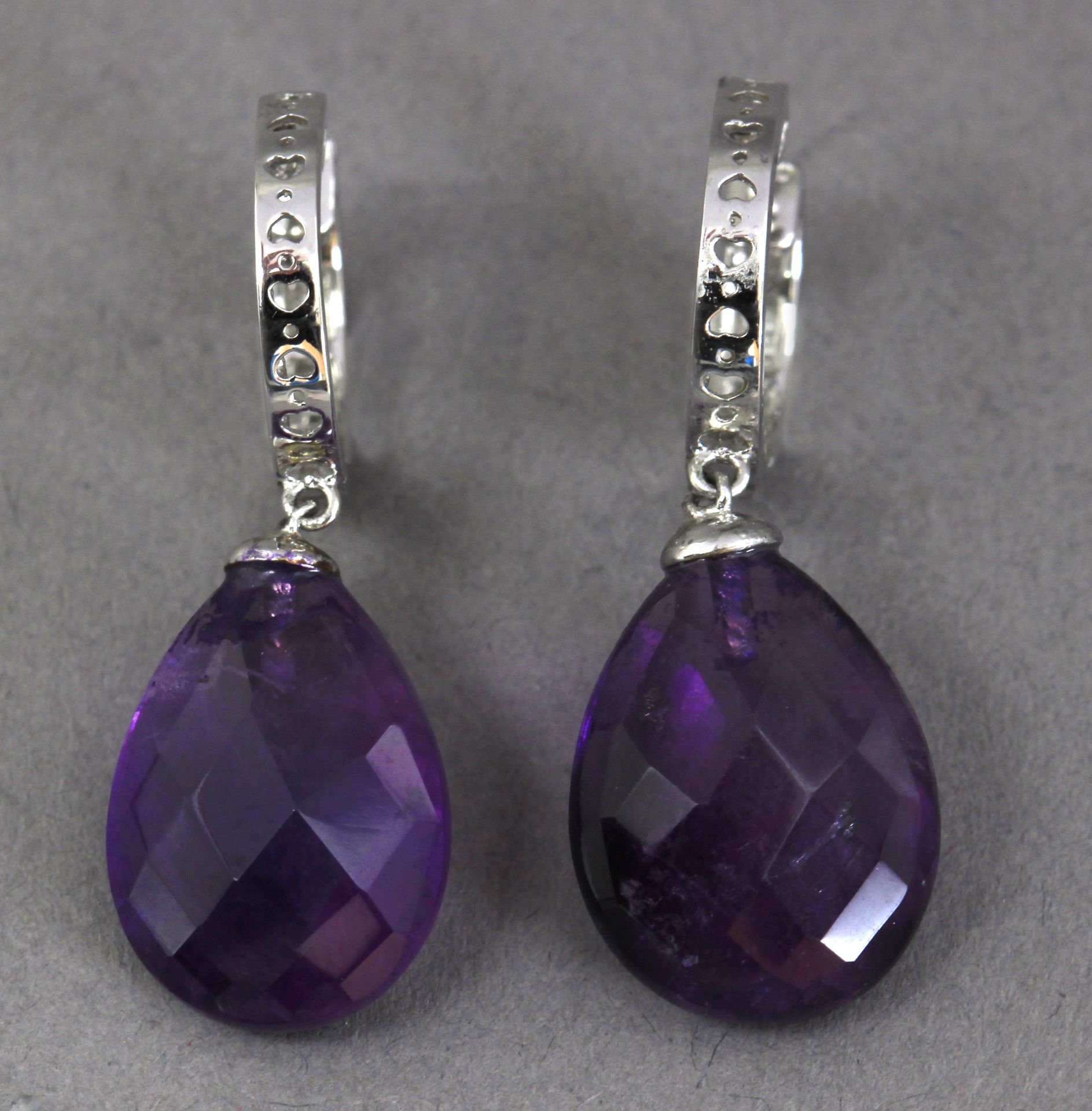 A pair of diamond hoop earrings with amethyst pendants - Image 3 of 4