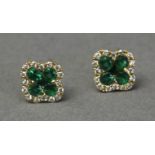 Emerald and diamond Alhambra style pair of stud earrings