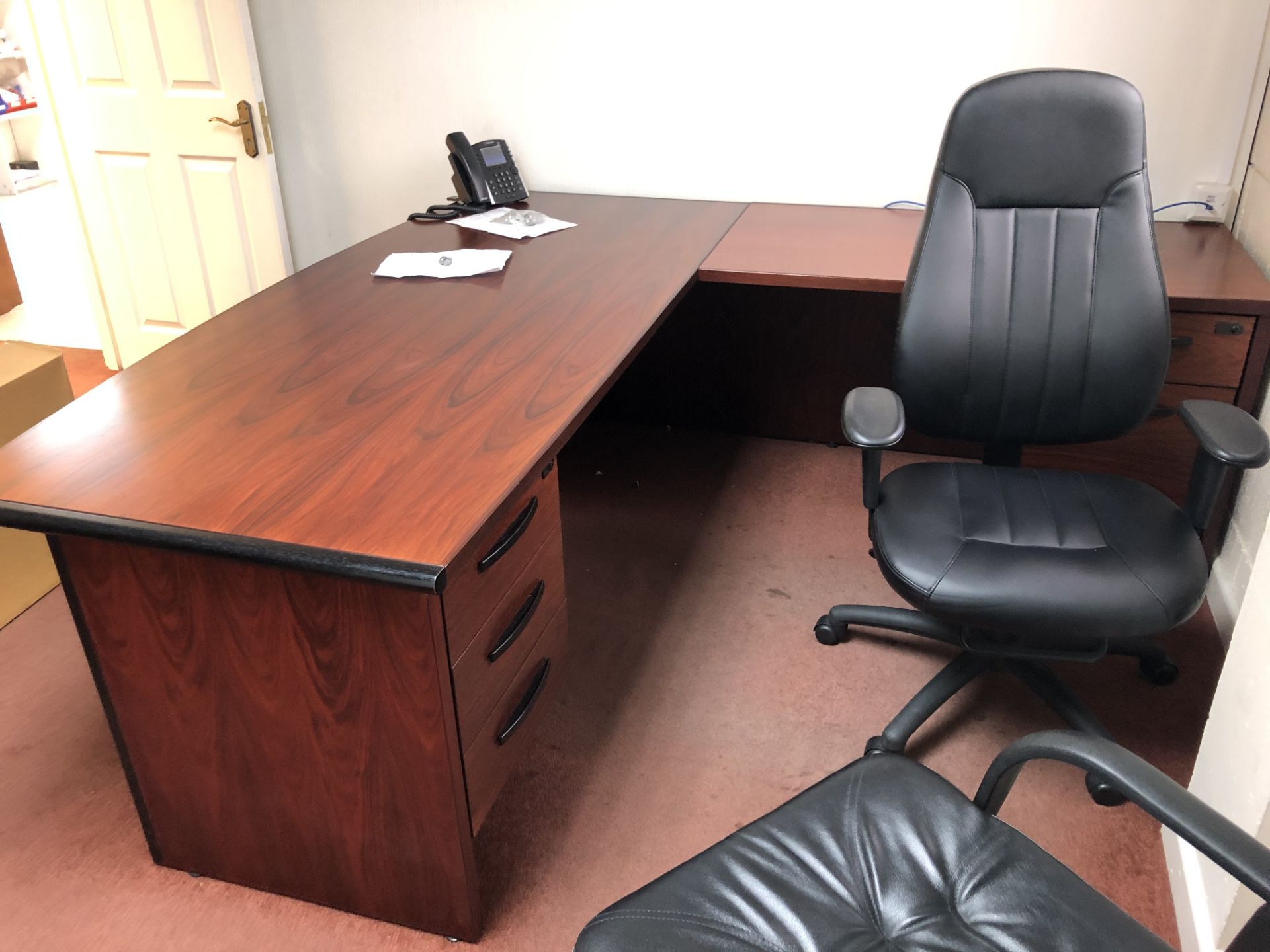 Contents of Office, including desk, double door cabinet, three assorted leather effect chairs, hat & - Image 3 of 3