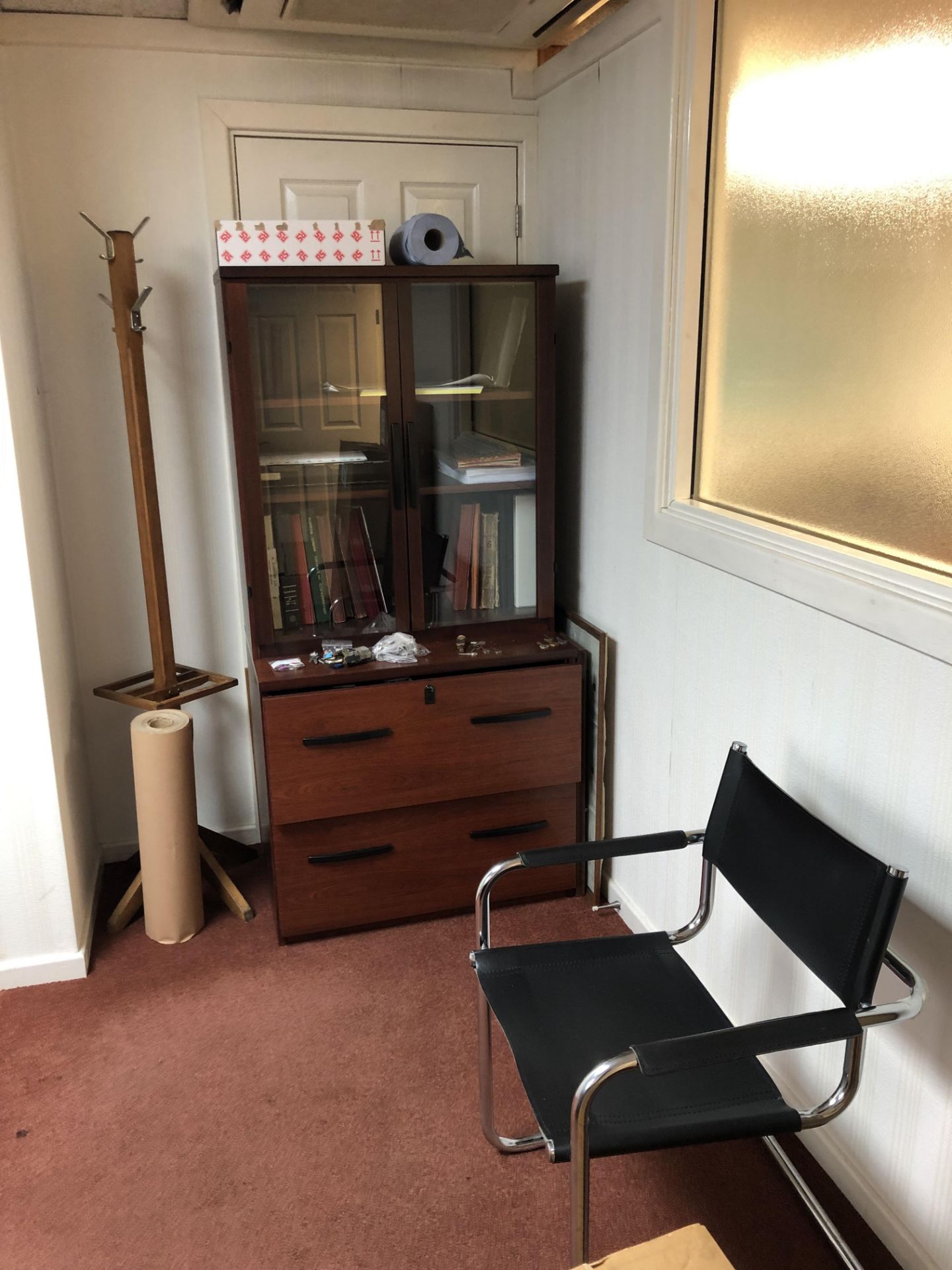 Contents of Office, including desk, double door cabinet, three assorted leather effect chairs, hat & - Image 2 of 3