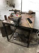 Steel Bench, fitted Record no. 4 engineers bench vice, with high stool, timber block and single door