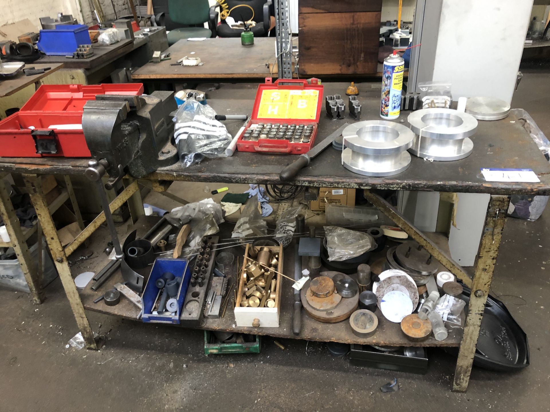 Steel Framed Bench, with timber top and Record no. 23 engineers bench vice and contents of table