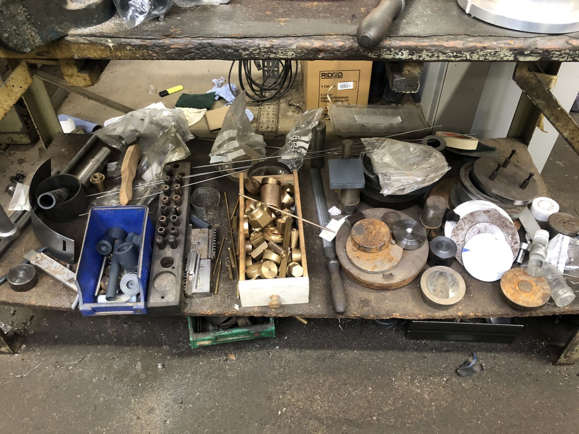 Steel Framed Bench, with timber top and Record no. 23 engineers bench vice and contents of table - Image 4 of 4