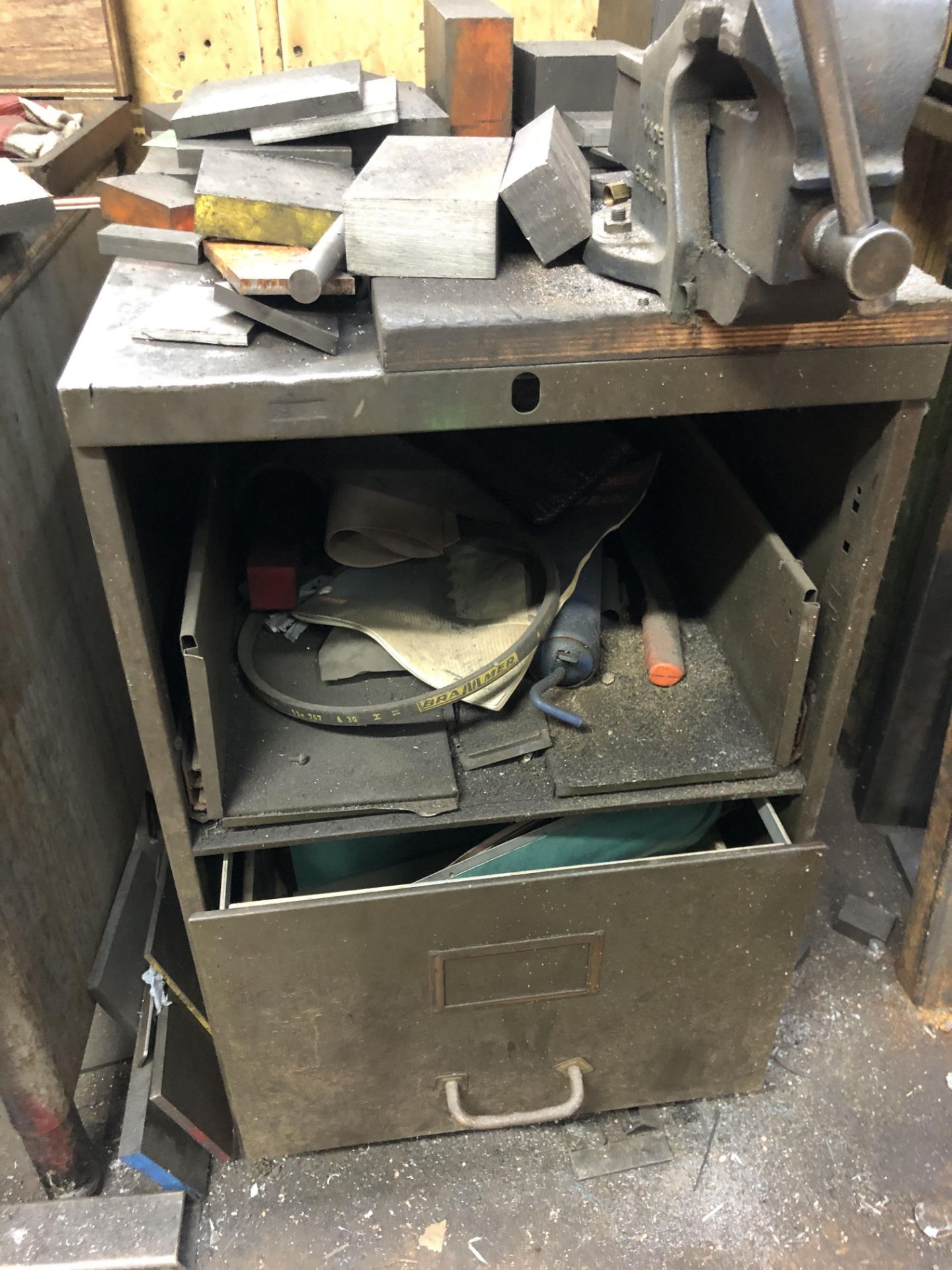 Steel Framed Table, with steel cabinet fitted engineers bench vice and steel rack, with contents - Image 4 of 9