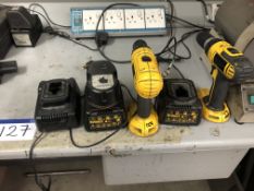 Two DeWalt Cordless Drills, with one battery and three chargers