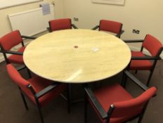 Contents of Meeting Room, including circular meeting table and six fabric upholstered armchairs