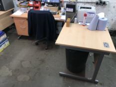 Two Steel Cantilever Framed Desks, with fabric upholstered swivel armchair