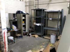 Contents of Storage Area, including four steel racks, double door steel cabinet, single door steel