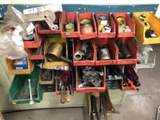 Assorted Plastic Stacking Bins, with contents including cutters and hand tools