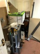 Contents of Room, including workbench, trim, plastic tubs, trolley, fastenings, fittings and stock