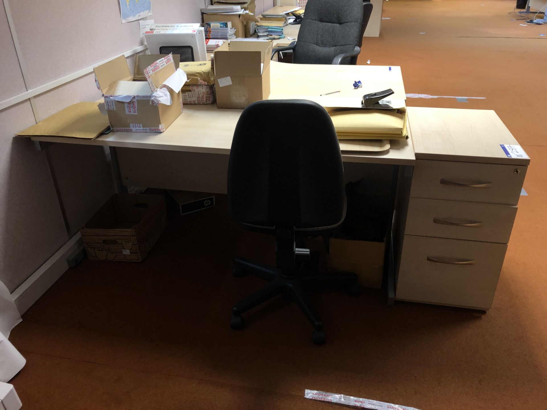 Steel Cantilever Framed Desk, with desk pedestal and fabric upholstered swivel chair