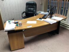 Curved Front Desk, with two tier shelving unit, desk pedestal and leather effect upholstered