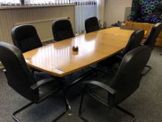 Meeting Room Table, approx. 3m x 1.1m, with seven leather effect upholstered armchairs