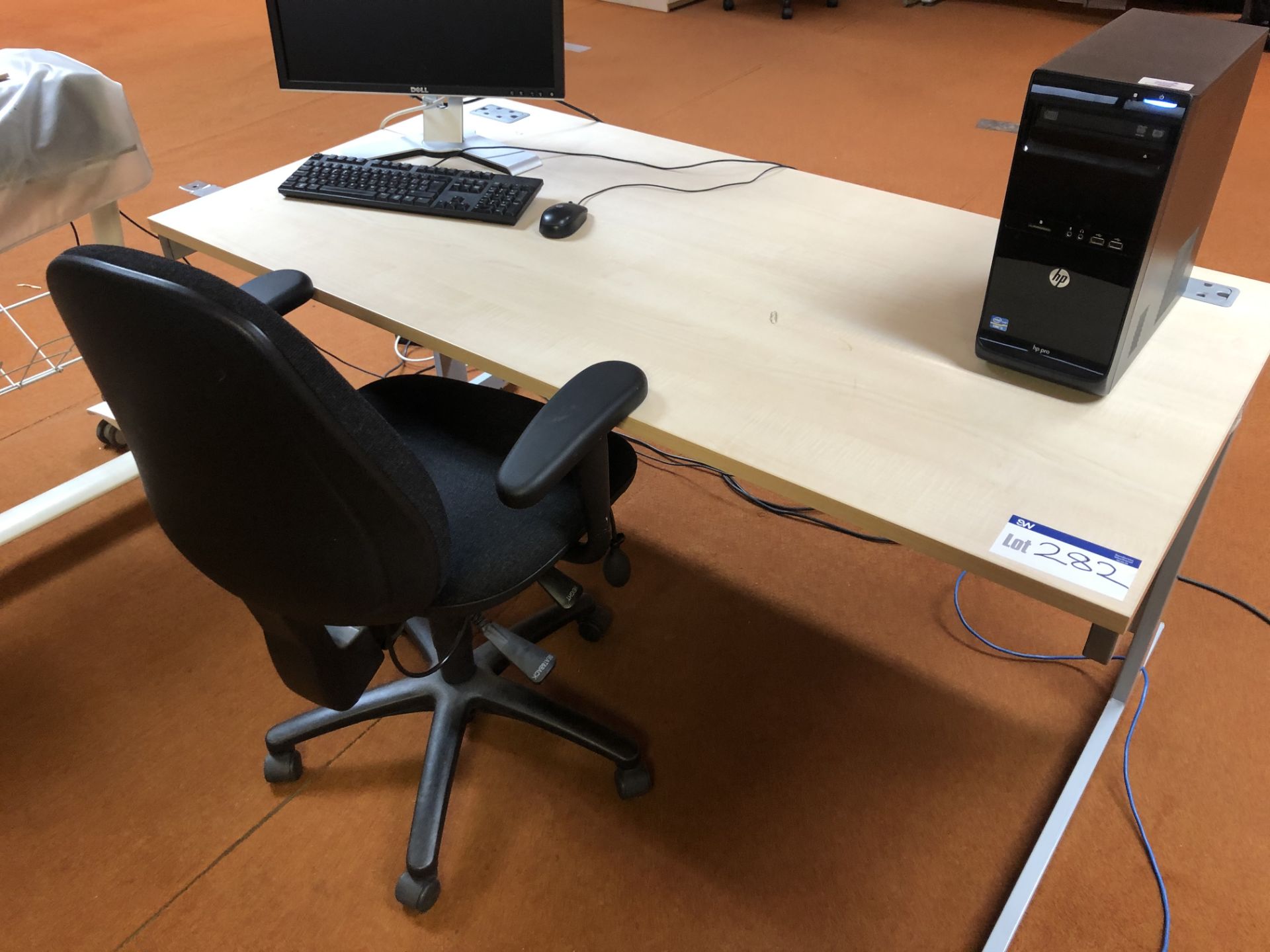 Steel Cantilever Framed Desk, with desk, four assorted armchairs and desk pedestal