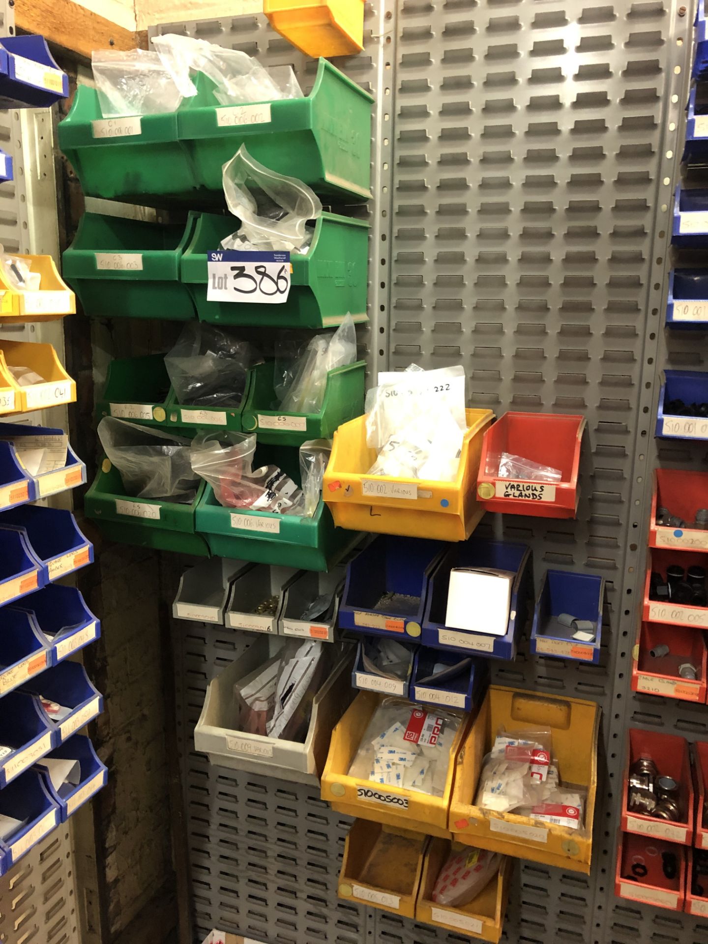 Quantity of Fastenings & Fittings, as set out in plastic stacking bins on one run of rack