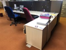 Two Steel Cantilever Framed Desks, with three desk pedestals and two fabric upholstered swivel