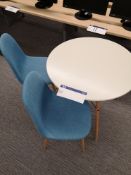 White Top Circular Table, with two blue fabric cha