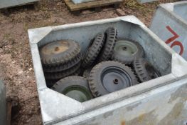 355 x 75 Tyres & Wheels, in steel chest (chest exc