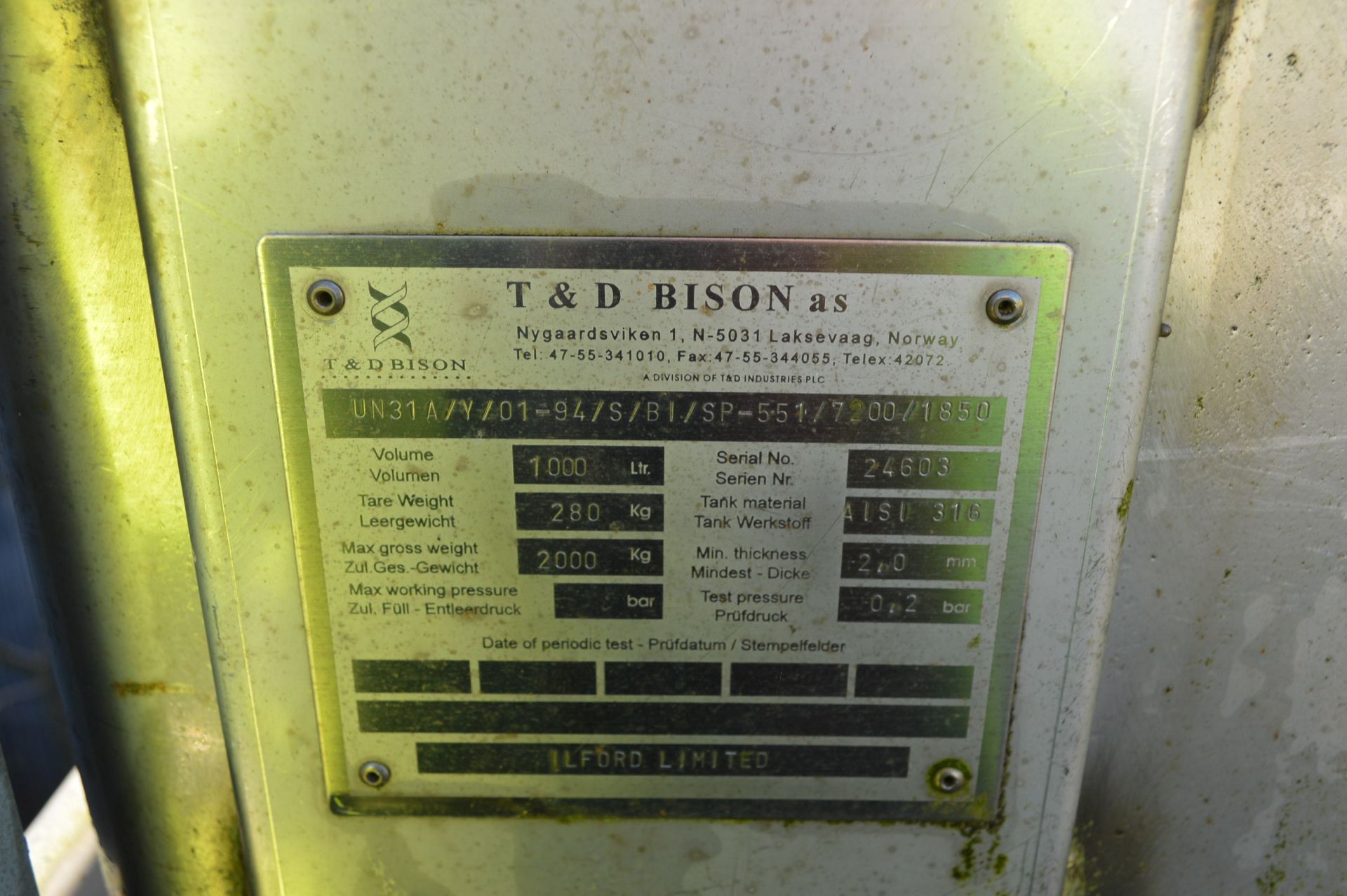 T & D Bison 1000 litre Stainless Steel Liquids Bul - Image 2 of 3