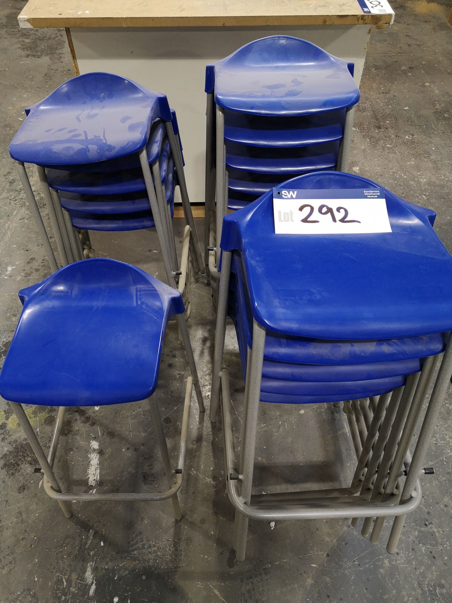 16 Metal Framed Blue Plastic Stools