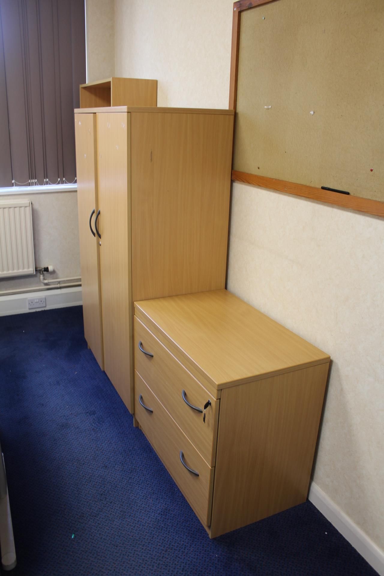 Two Curved Front Light Oak Veneered Cantilever Framed Desks, with double door cabinet, chest of - Image 2 of 2