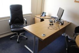 Curved Front Light Oak Veneered Cantilever Framed Desk, with two desk pedestals, bookcase and