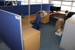 Two Curved Front Light Oak Veneered Cantilever Framed Desks, with two cantilever framed desks, two