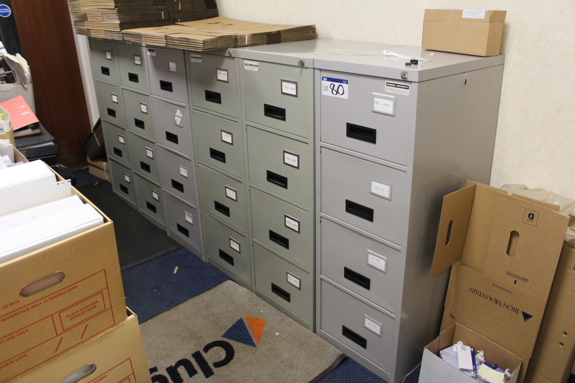 Six Steel Four Drawer Filing Cabinets