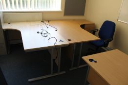 Three Curved Front Light Oak Veneered Cantilever Framed Desks, with three desk pedestals, bookshelf,