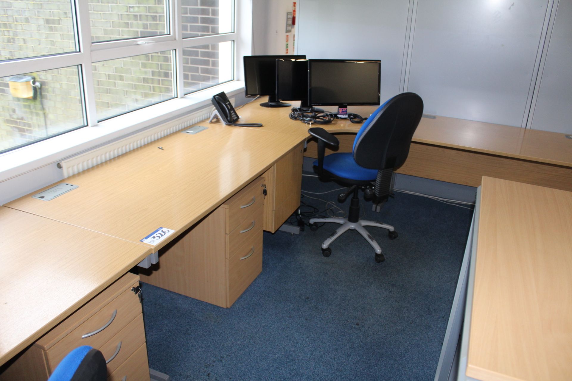 Two Curved Front Light Oak Veneered Cantilever Framed Desks, with three cantilever framed desks,