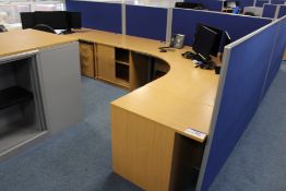 Two Curved Front Light Oak Veneered Cantilever Framed Desks, with chest of drawers, three desk