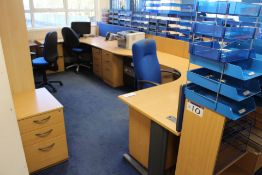 Two Curved Front Light Oak Veneered Cantilever Framed Desks, with curved front extension desk, chest