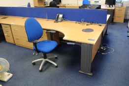 Curved Front Light Oak Veneered Cantilever Framed Desk, with chest of drawers, desk pedestal and