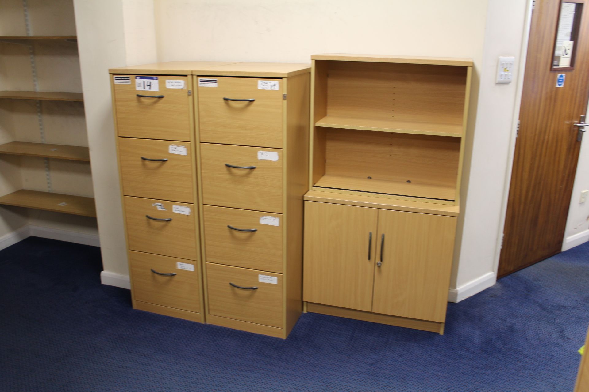 Two Light Oak Veneered Four Drawer Filing Cabinets & Double Door Cabinet