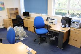 Two Curved Front Light Oak Veneered Cantilever Framed Desks, with chest of drawers, glazed front