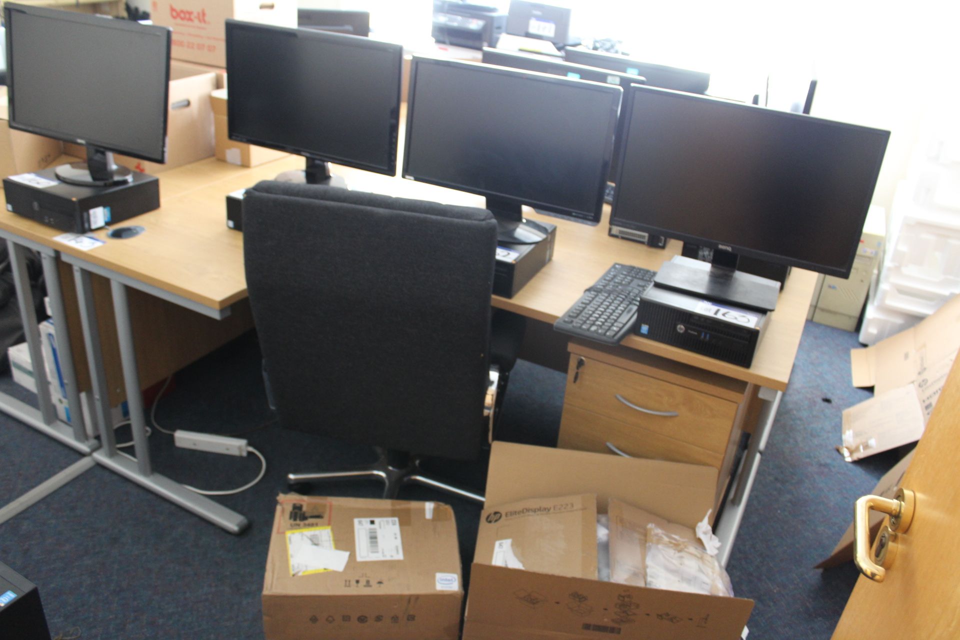 Two Curved Front Light Oak Veneered Cantilever Framed Desks, with two desk pedestals, two fabric