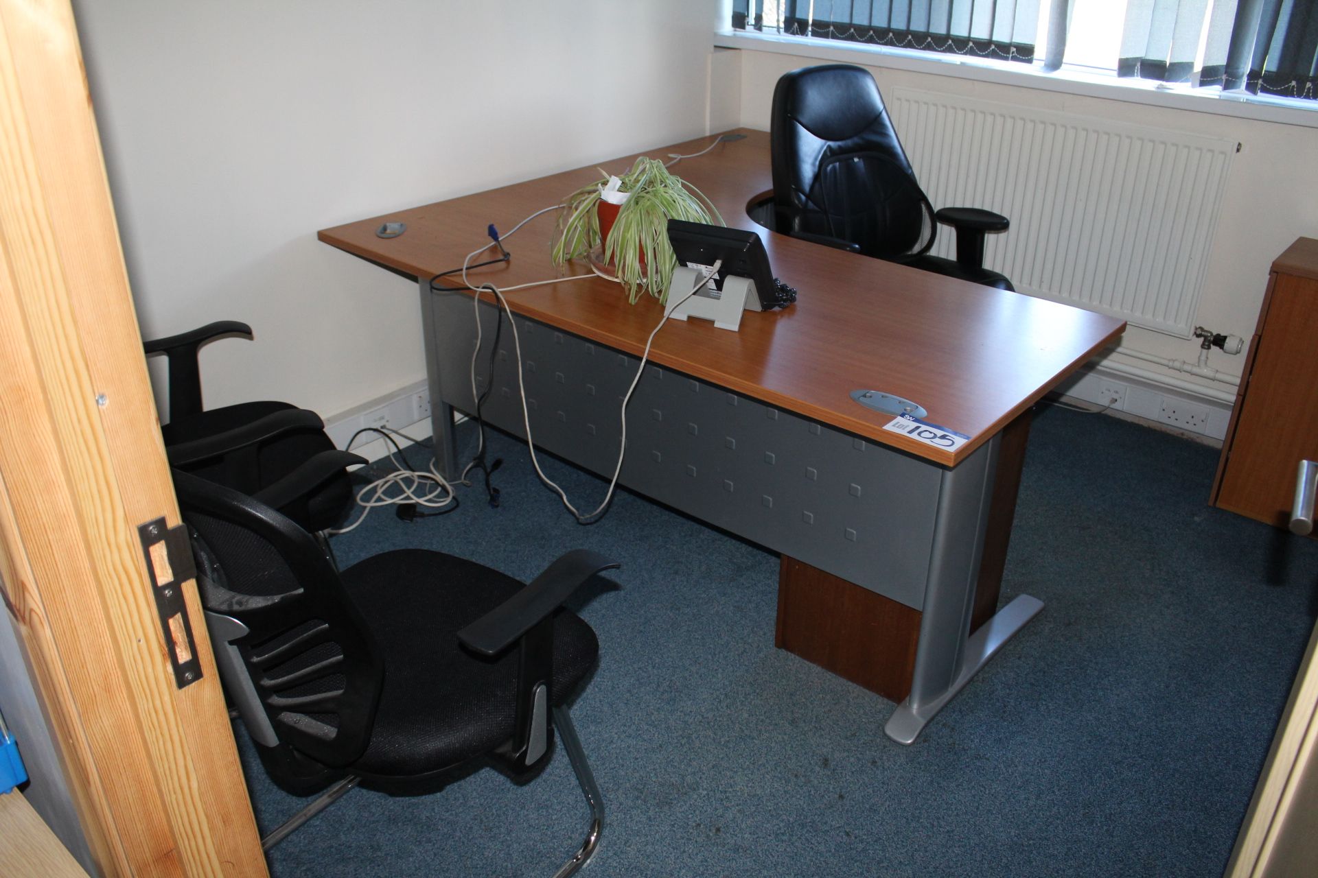 Curved Front Oak Veneered Cantilever Framed Desk, with sliding door multi-compartment storage